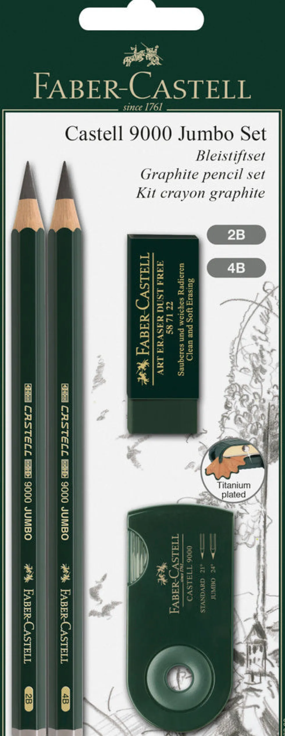 Blyant sæt pitt Faber-Castell 9000 jumbo 2 ass spidser+visk.