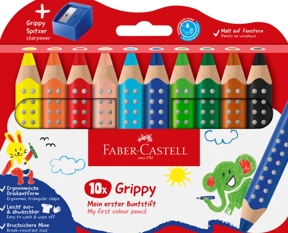 Farveblyant Faber Castell Grippy 10 Ass M/Blyantspidser
