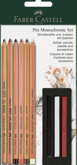 Farveblyant Pitt Monoc. Sæt Faber Castell 5 Pastel, 3 Kridt
