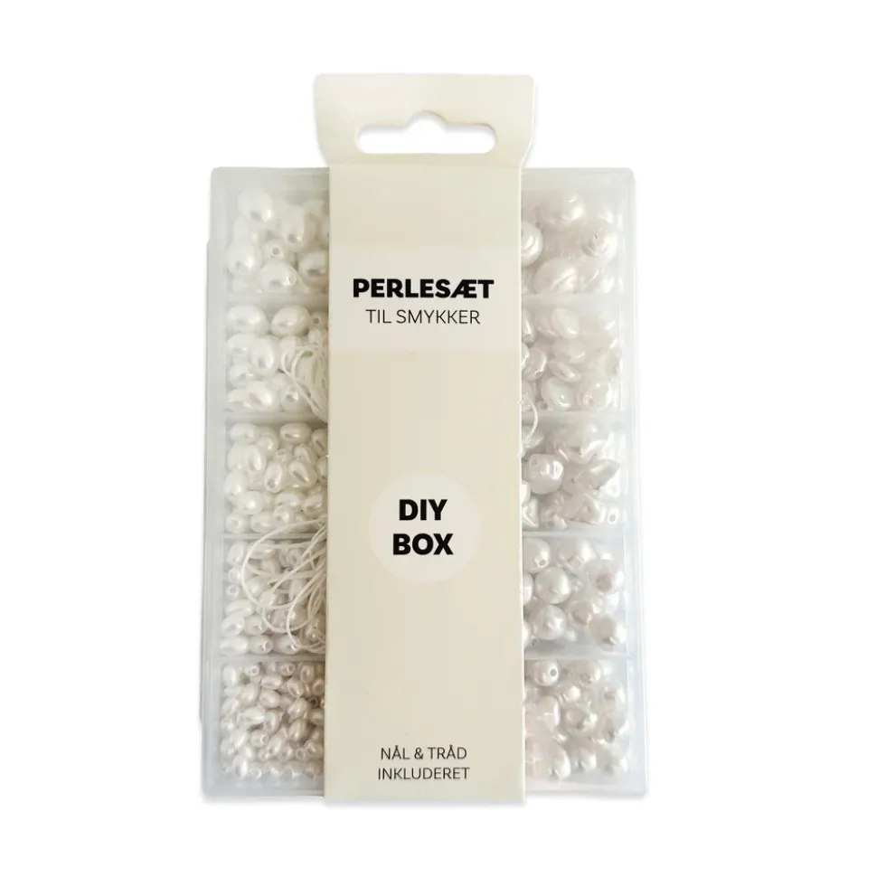 Perler æske hvid/perlemor forskellige størrelser nål/tråd