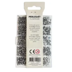 Perler æske sølv forskellige størrelser inkl. nål/tråd