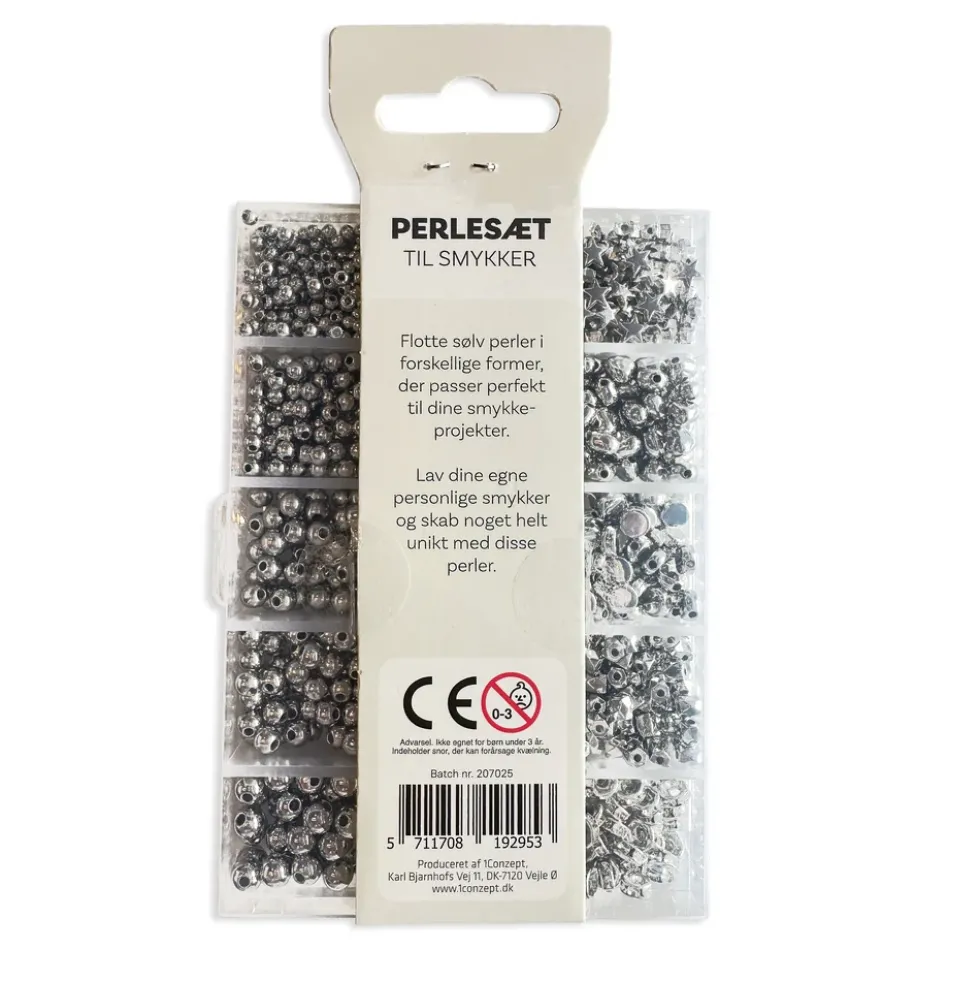 Perler æske sølv forskellige størrelser inkl. nål/tråd